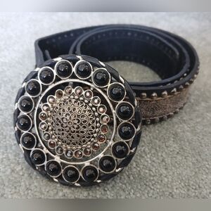 Leatherock Black Belt with Ornate Round Medallion Buckle